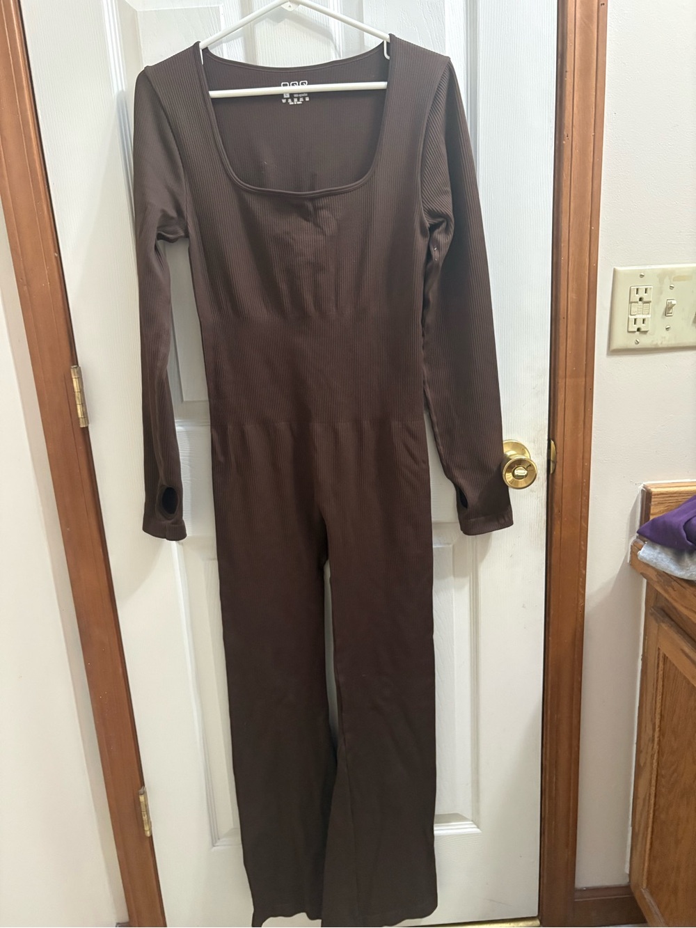 Square-Neck Ribbed Brown Jumpsuit - Women
